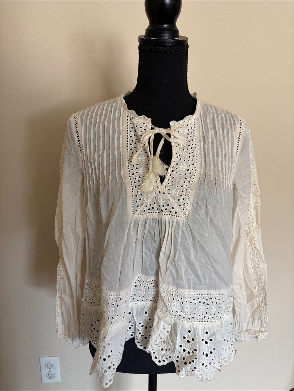 Rebecca Taylor Creamsicle Eyelet Tie-Front Peasant Top
